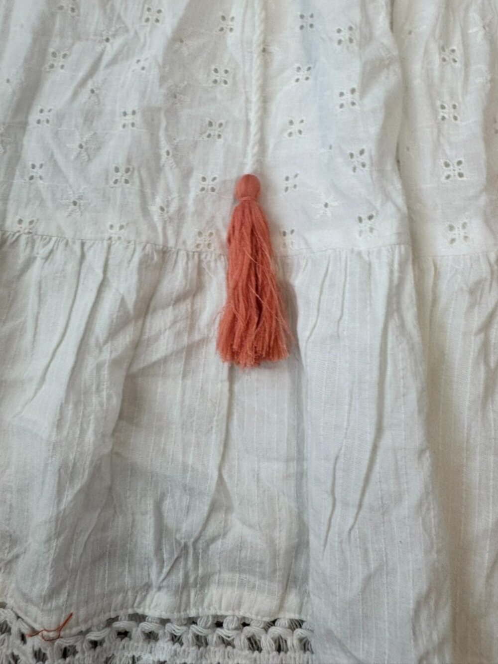 White Floral Embroidered Tiered Dress Size Large Lined, Bell Sleeve, Fringe F15 - Picture 3 of 8